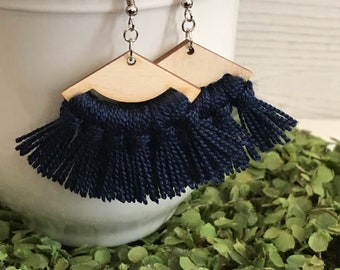 Navy Fringe Earrings - dangle statement wood favor gift hoop boho