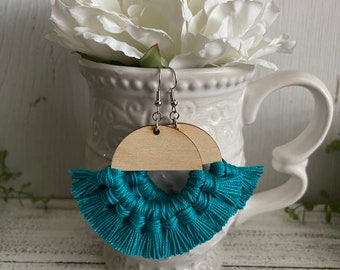 Fringe Earrings - peacock turquoise dangle statement wood favor gift hoop boho spring summer wedding