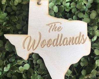 The Woodlands Texas Tag Ornament - City hometown TX souvenir keepsake memory state 2020 wood laser engraved skyline welcome gift home