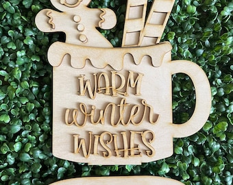 Christmas DIY wood sign -  Warm Winter Wishes Mug standing gingerbread man unfinished cut out wall decor craft supply sign kit blanks wreath