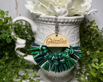 Grizzlies earrings - dangle statement fringe wood High School Pop Warner Flag Sports handmade jewelry team spirit homecoming