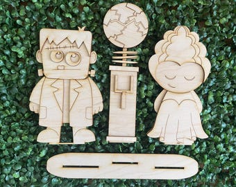 DIY Halloween standing wood sign - Frankenstein Bride Whimsy colorful October weird science standing sign shelf sitter tiered tray vignette