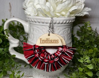 Indians earrings - dangle statement fringe wood High School Pop Warner Flag Sports handmade jewelry team spirit