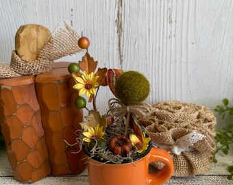Mini mug  - home decor tiered tray coffee ceramic fall orange autumn green gold yellow pumpkin