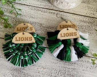Lions earrings - dangle statement fringe wood sports high school pep rally homecoming team spirit fan mom custom colors teacher