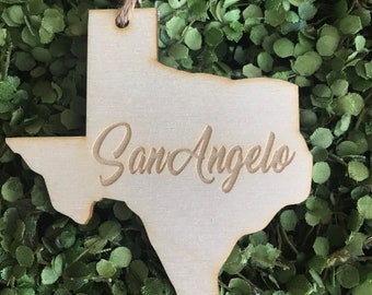 San Angelo Texas Tag Ornament - City hometown TX souvenir keepsake memory state 2020 wood laser engraved skyline welcome gift home