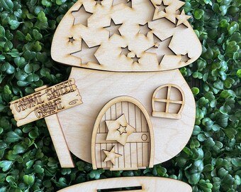 Mushroom house DIY wood shelf sitter - Stars July 4th standing unfinished cut out home decor craft supply sign kit blanks sign gnome