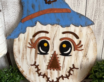 Fall Scarecrow Happy Thanksgiving wood sign - Whimsy colorful Autumn rustic farmhouse