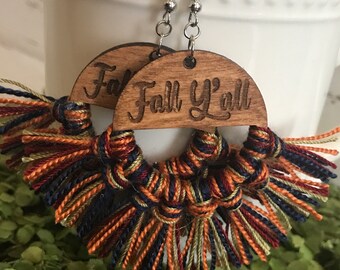 Fall Fringe Earrings - dangle statement wood favor gift hoop boho wine navy cream off white burnt orange green sage y’all Texas southern