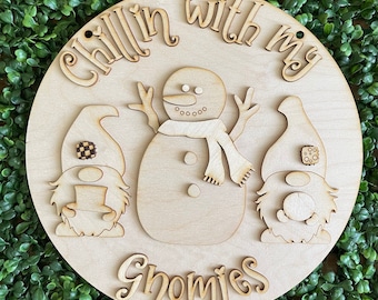 Winter Gnome DIY wood sign - Chillin with  unfinished cut out door hanger wall decor craft supply sign kit blanks round wreath sign