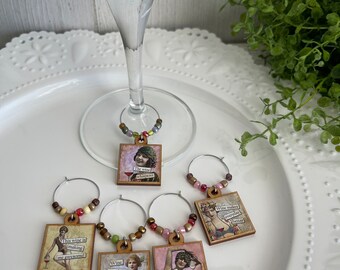Wine glass charms Set of 5 - Party favor hostess gift place settings event decor sassy diva funny girlfriend hostess housewarming