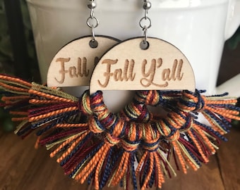 Fall Fringe Earrings - dangle statement wood favor gift hoop boho wine navy cream off white burnt orange green sage y’all Texas southern