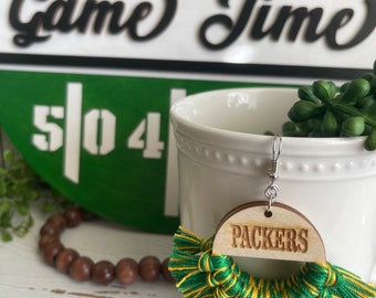 Packers earrings - dangle statement fringe wood High School Pop Warner Flag Sports
