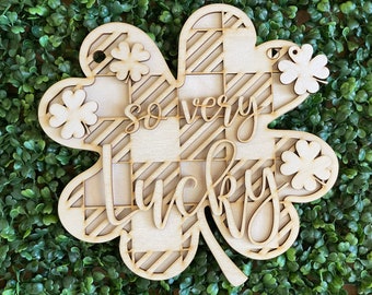 St. Patrick's Day DIY wood sign -  So Very Lucky unfinished cut out door hanger wall decor craft supply sign kit blanks round wreath sign