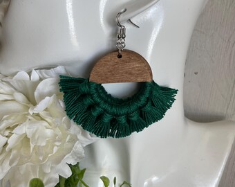 Green Fringe Earrings - dangle statement wood favor gift hoop boho oak stain sports team spirit mom fan