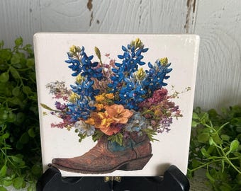 Texas Bluebonnet Coaster - Cowboy boot floral bouquet home decor Texan pride farmhouse wildflower western state lone star state