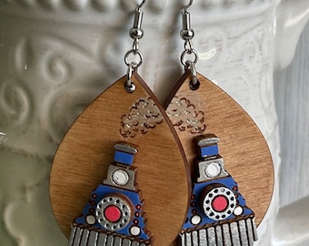 Train earrings - steam express train Wood dangle statement railroad gift present