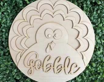 DIY Thanksgiving wood sign - Gobble unfinished cut out door hanger wall decor craft supply sign kit blanks round wreath sign