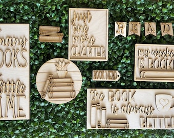 Book DIY wood tiered tray signs - Reading librarian book lover housewarming realtor gift hostess gift round unfinished home decor blank