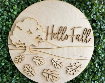 DIY Fall wood sign - Hello Fall Trees changing colors unfinished cut out door hanger wall decor craft supply sign kit blanks round wreath