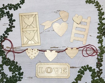 DIY mini wood signs for tiered trays - LOVE Theme farmhouse rustic spring shelf display Valentine Amor
