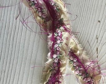Fabric Fiber Ribbon - shabby chic mixed media embellishment craft supply gift fushia green muslin trim