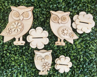 Owl DIY wood Standing set of 3 - Folk shabby boho unfinished cut out door hanger wall decor craft supply sign kit blanks wreath