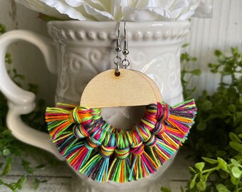 Fringe Earrings - multi color dangle statement wood favor gift hoop boho neon orange green pink aqua blacklight mix