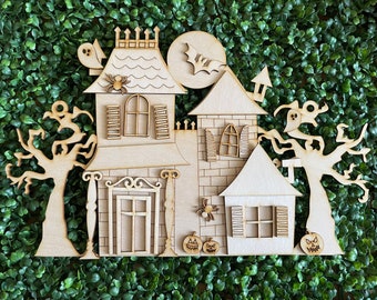 DIY Haunted House wood sign - Halloween Ghost Whimsy colorful October candy trick or treat