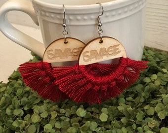 Red Savage Fringe Earrings - dangle statement wood favor gift hoop boho Tik tok classy boujee ratchet valentine sexy diva