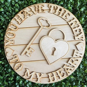Valentine DIY wood sign - Key to my heart unfinished cut out door hanger wall decor craft supply kit blanks round wreath sign