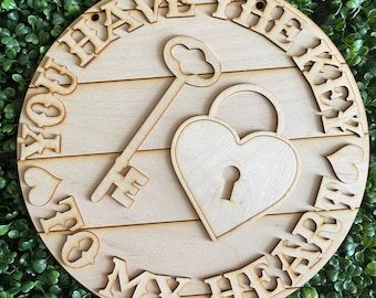 Valentine DIY wood sign - Key to my heart unfinished cut out door hanger wall decor craft supply kit blanks round wreath sign