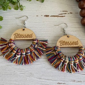 Blessed Fringe Earrings dangle statement wood favor gift hoop boho image 2