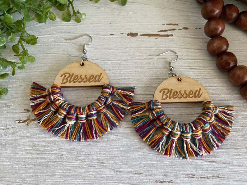 Blessed Fringe Earrings dangle statement wood favor gift hoop boho image 2