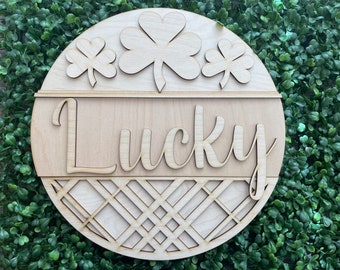 St. Patrick's Day DIY wood sign -  Lucky Plaid unfinished cut out door hanger wall decor craft supply sign kit blanks round wreath sign