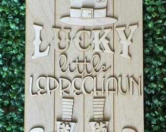 St. Patrick's Day DIY wood sign -  Lucky Little Leprechaun cut out door hanger wall decor craft supply sign kit blanks round wreath