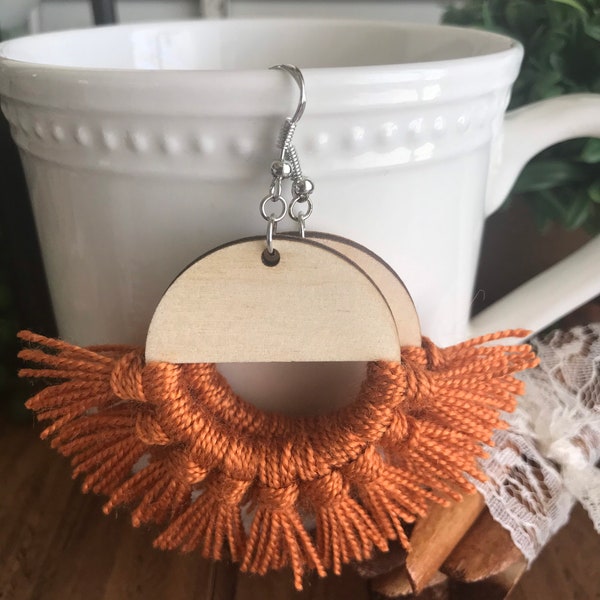 Burnt Orange Fringe Earrings - dangle statement wood favor gift hoop boho fall