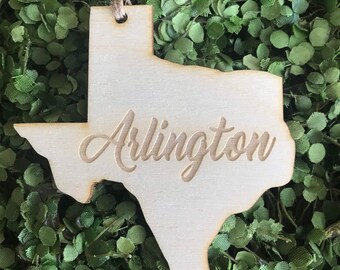 Arlington Texas Tag Ornament - City hometown TX souvenir keepsake memory state 2022 wood laser engraved skyline welcome gift home