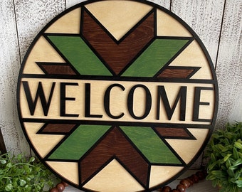 Welcome wood sign - Welcome  Quilt style finished black green stained door hanger wall decor craft supply round wreath sign
