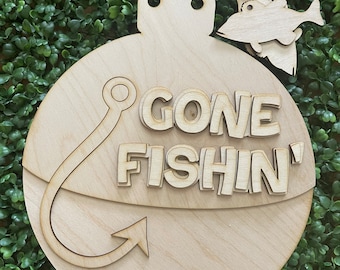 Fishing DIY wood sign - Gone Fishin Dad unfinished cut out door hanger wall decor craft supply sign kit blanks round wreath sign