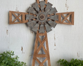Cross wood sign - windmill hand painted finished home decor wreath sign leaner display shelf sitter tiered tray religious