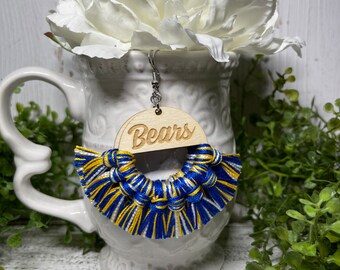 Bears earrings - dangle statement fringe wood High School Pop Warner football tassel team spirit fan