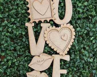 Valentine DIY wood sign - standing Stacked Love XOXO hearts lips lock key stamp wall decor craft supply sign wreath Shelf sitter tabletop