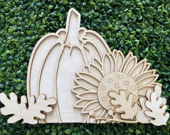 Fall DIY Shelf Sitter - Sunflower Pumpkin leaves Thanksgiving tiered tray vignette wood sign rustic floral