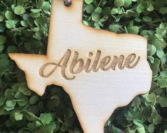 Abilene Texas Tag Ornament - City hometown TX souvenir keepsake memory state 2020 wood laser engraved skyline welcome gift home