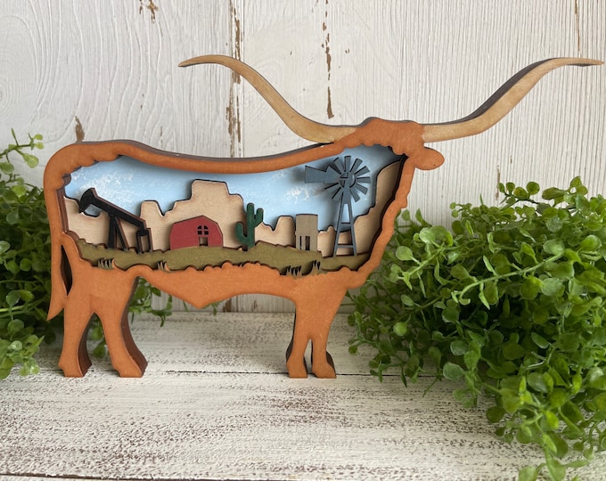 Featured listing image: Longhorn wood sign shelf sitter - leaner multi layer home decor Western Cowboy Farmer oil Texas windmill cactus country small town gift
