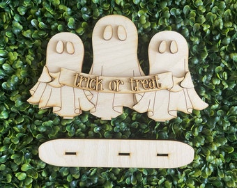DIY Halloween wood sign - Ghost Trick or Treat Whimsy colorful October candy boo standing sign shelf sitter tiered tray vignette