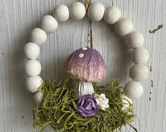 Mushroom Wall Hanging home decor - wooden bead wall decor gift art paper craft moss fairy cottage forest core spring fungus purple lavender