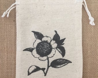 Flower Print - Drawstring Cotton Bag - Perfect for gifts and favors 4.25" x 6"
