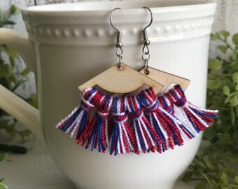 USA Fringe Earrings - dangle statement wood favor gift hoop red white blue patriotic American America military team spirit fan sports